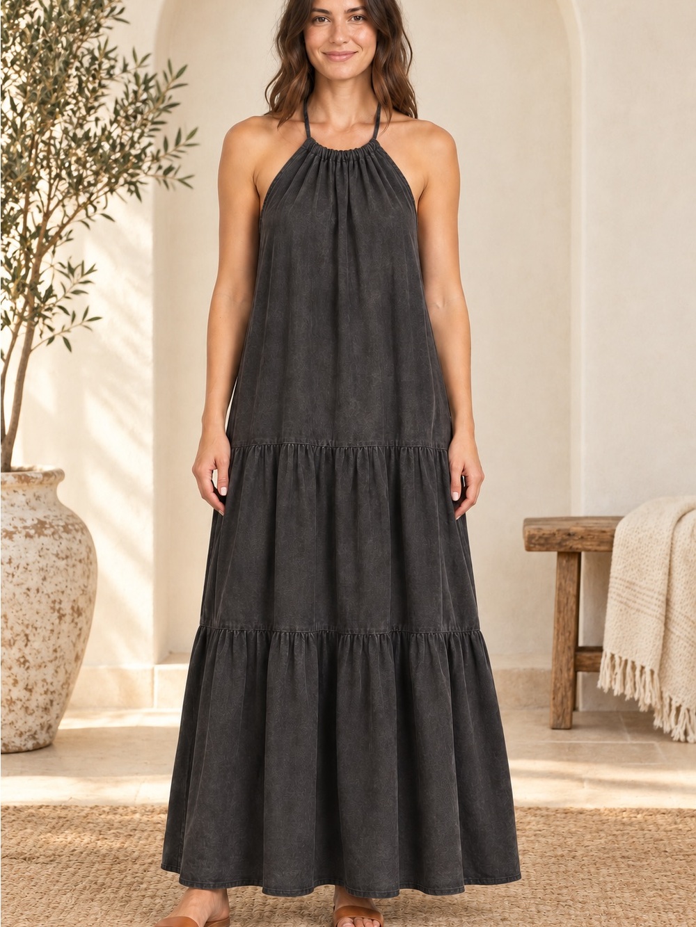 Free People Black Tiered Halter Maxi Dress Size Large NWT NWOT